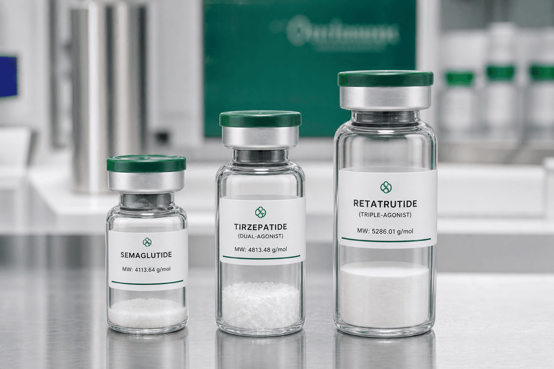 Pharmaceutical-grade lyophilized semaglutide, tirzepatide, and retatrutide GLP-1 research peptide vials on stainless steel laboratory surface