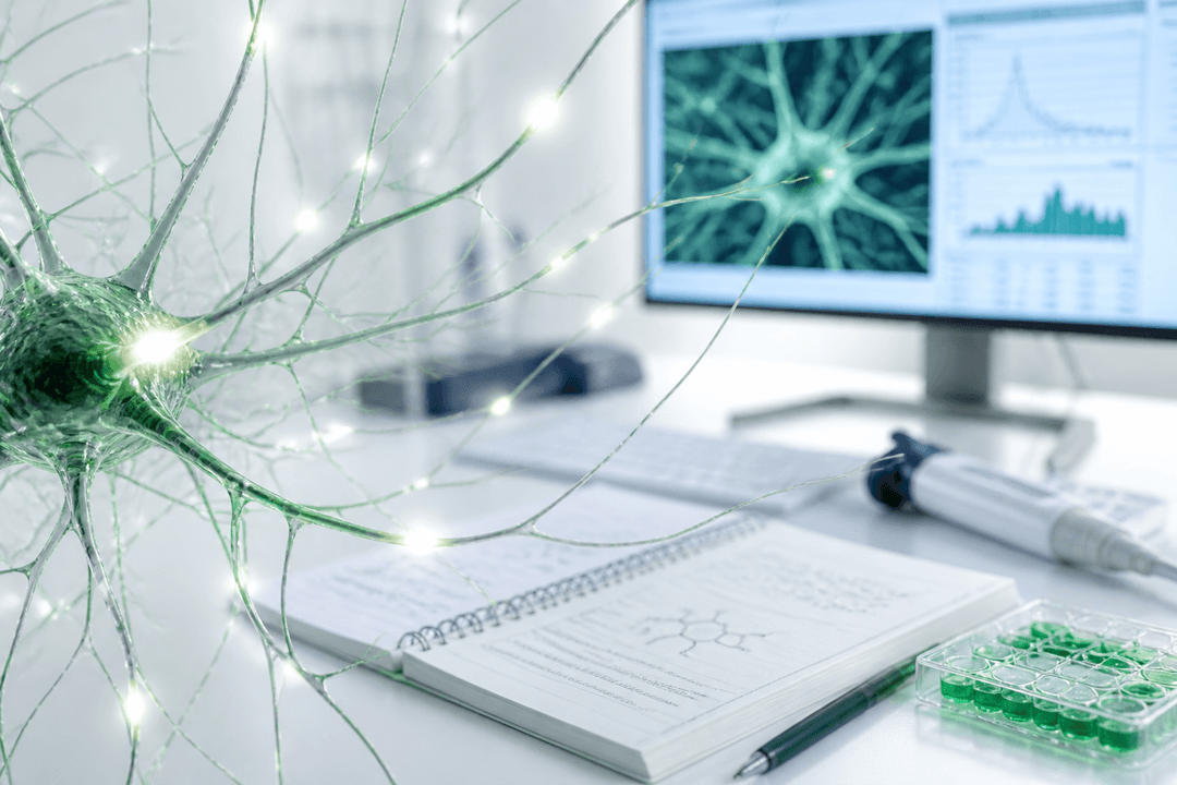 Neural synapse network research workstation showing GLP-1 neuroprotection study data and neuroscience laboratory analysis