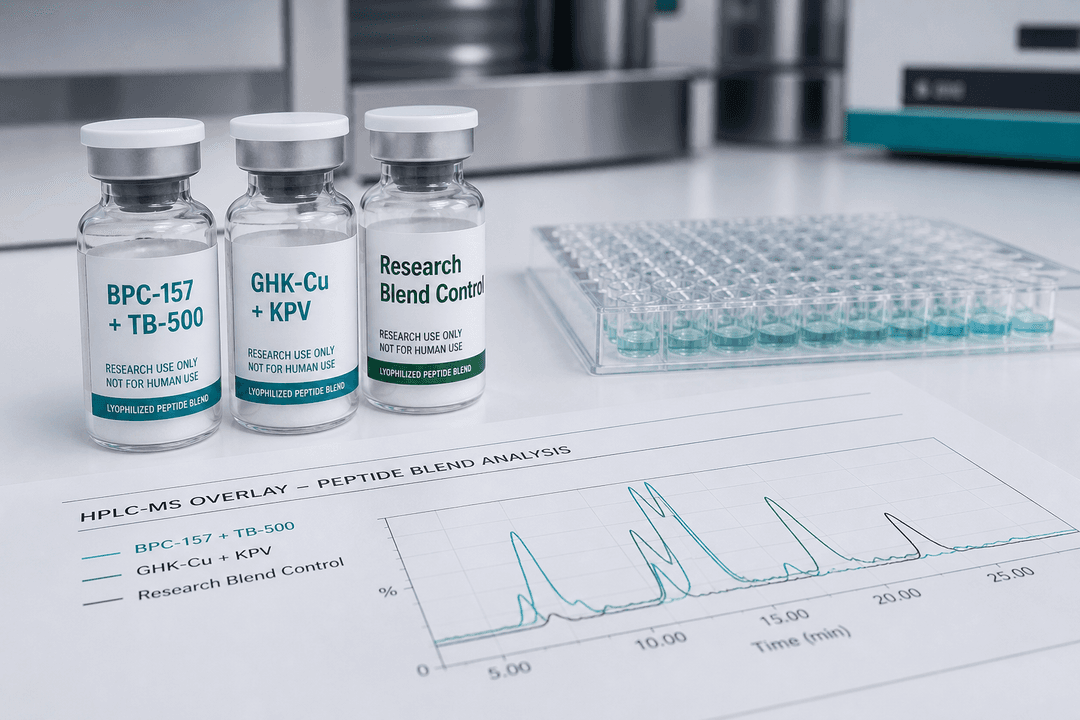 Research blends assay setup with BPC-157 TB-500 peptide blend vials, HPLC-MS overlay, and multi-well plate