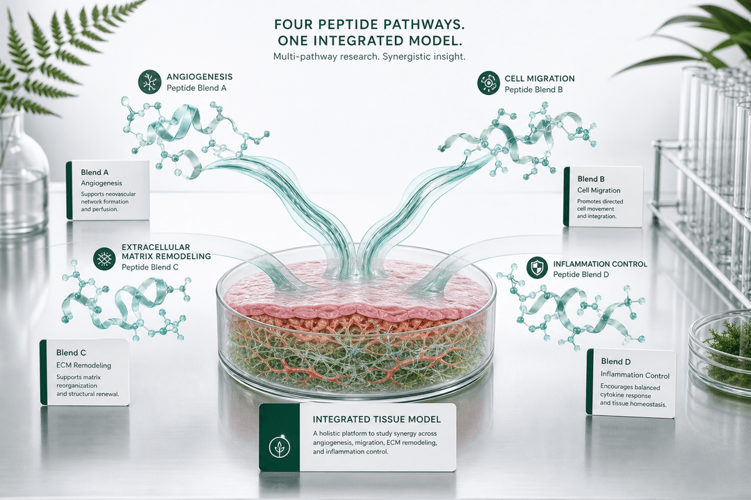 Illustrated peptide blends pathway model showing angiogenesis, cell migration, matrix remodeling, and inflammation control