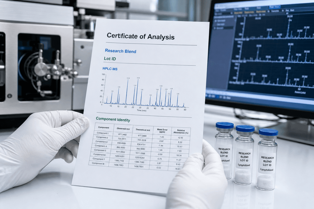 Lot-linked COA and mass spectrometry verification for research peptide blends before laboratory purchase