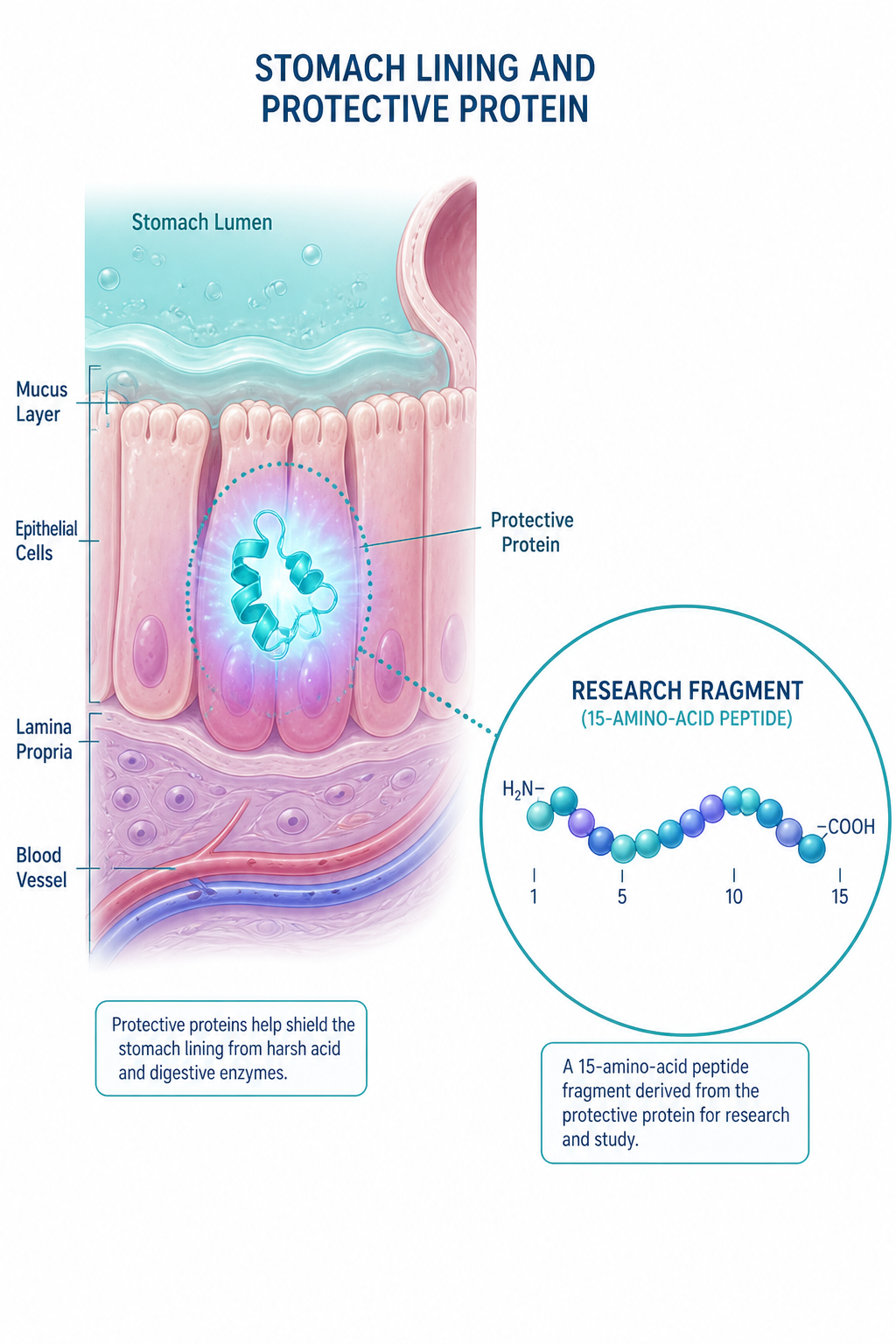 An illustrated clean scientific diagram showing a stylized cross-section of the stomach lining with a highlighted protective protein molecule, a dotted extraction line leading to a magnified 15-amino-acid peptide chain fragment labeled generically, on a soft clinical white and teal background.