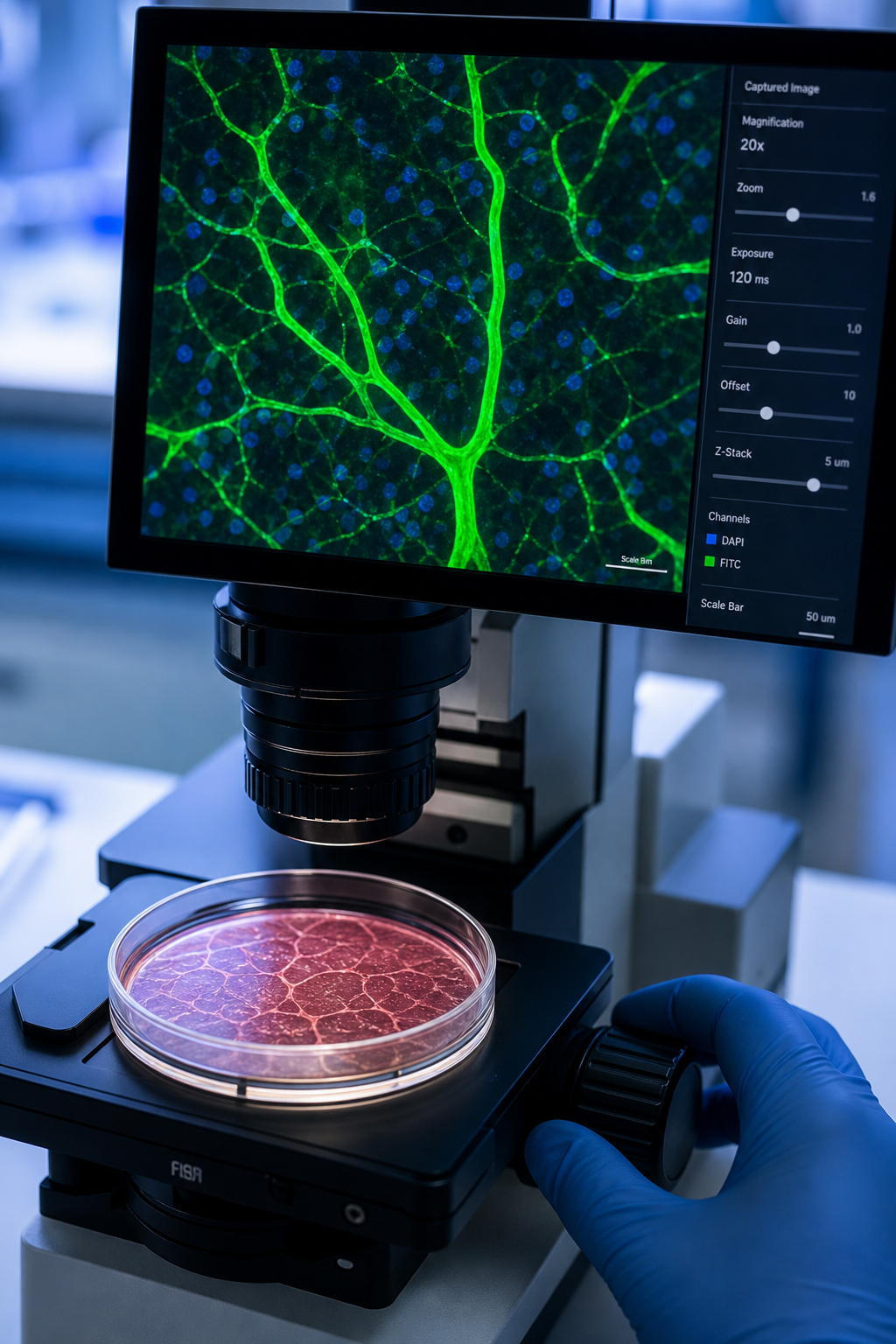 A photorealistic macro laboratory scene showing a petri dish with cultured tissue cells under a fluorescence microscope, the microscope's digital display showing a magnified cellular image with visible branching capillary-like structures highlighted in green fluorescent stain, a researcher's gloved hand adjusting the focus knob.