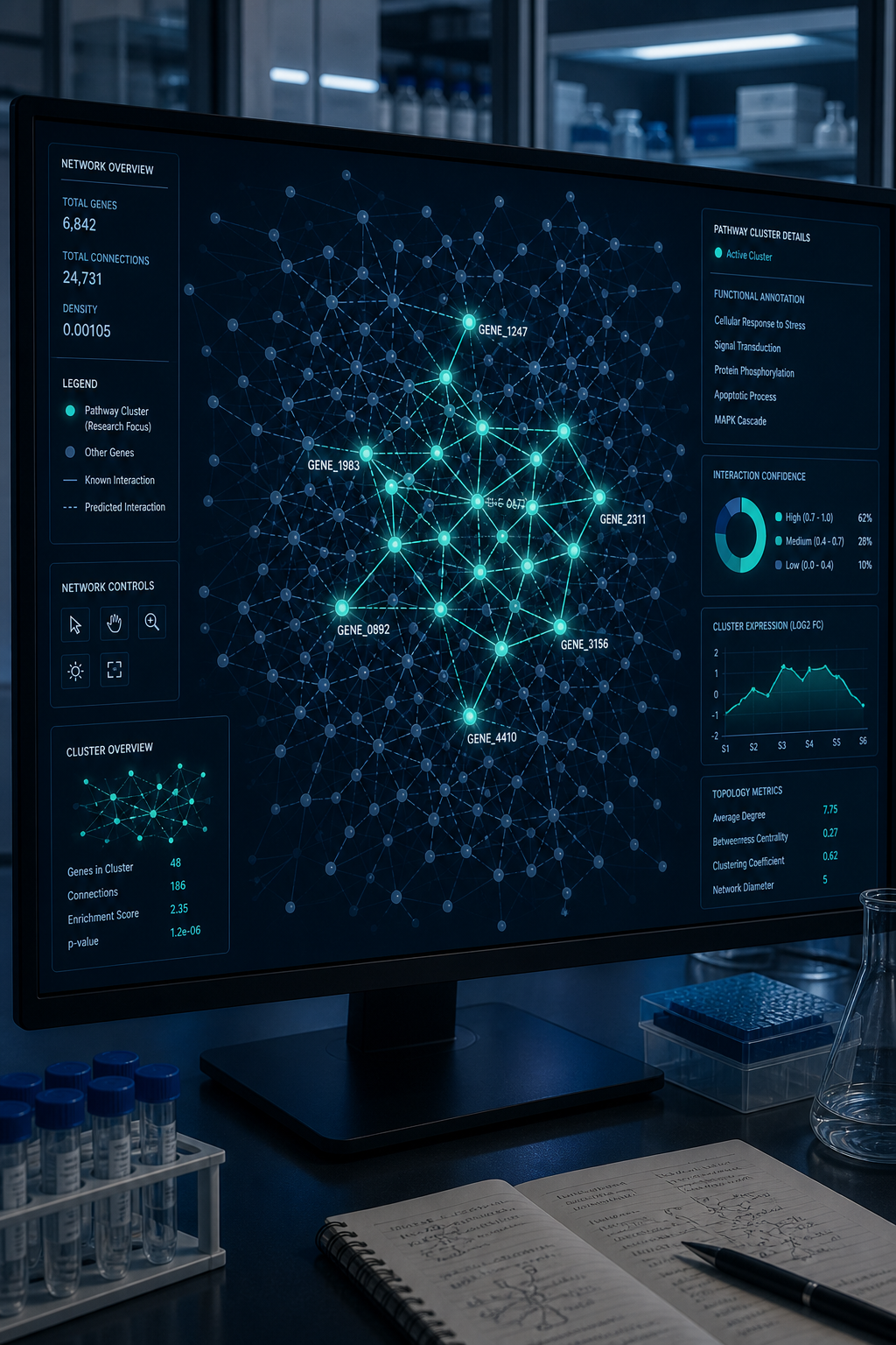 An illustrated data-visualization scene on a large lab monitor showing a dense network diagram of interconnected gene nodes, with a subset of nodes highlighted in glowing teal representing genes associated with a specific research pathway, a researcher's silhouette reflected faintly in the dark screen.