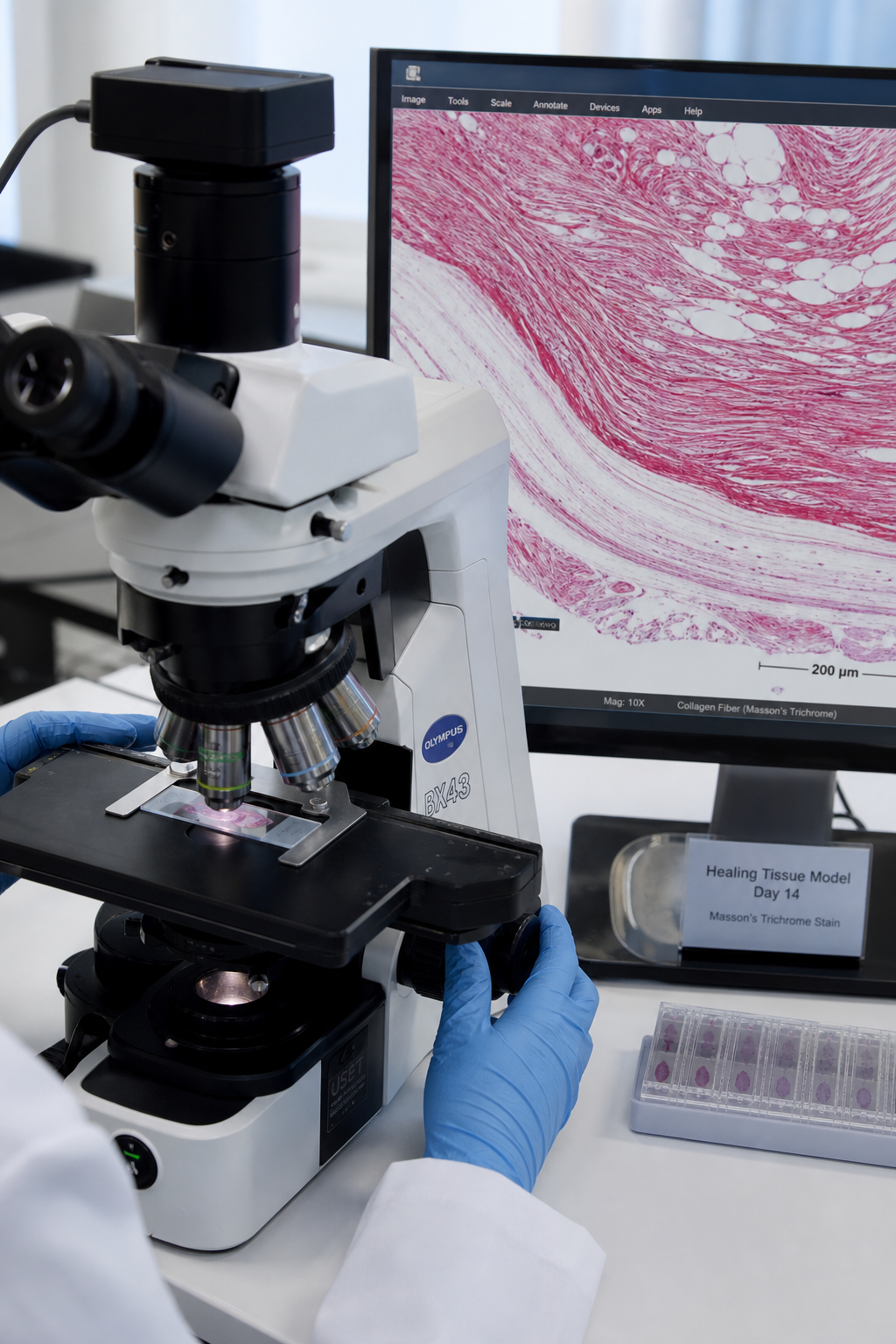 A photorealistic macro laboratory scene showing a researcher's gloved hands examining a stained tissue sample slide under a light microscope, with a nearby monitor displaying a magnified cross-section image highlighting dense collagen fiber bundles in a healing tissue model.