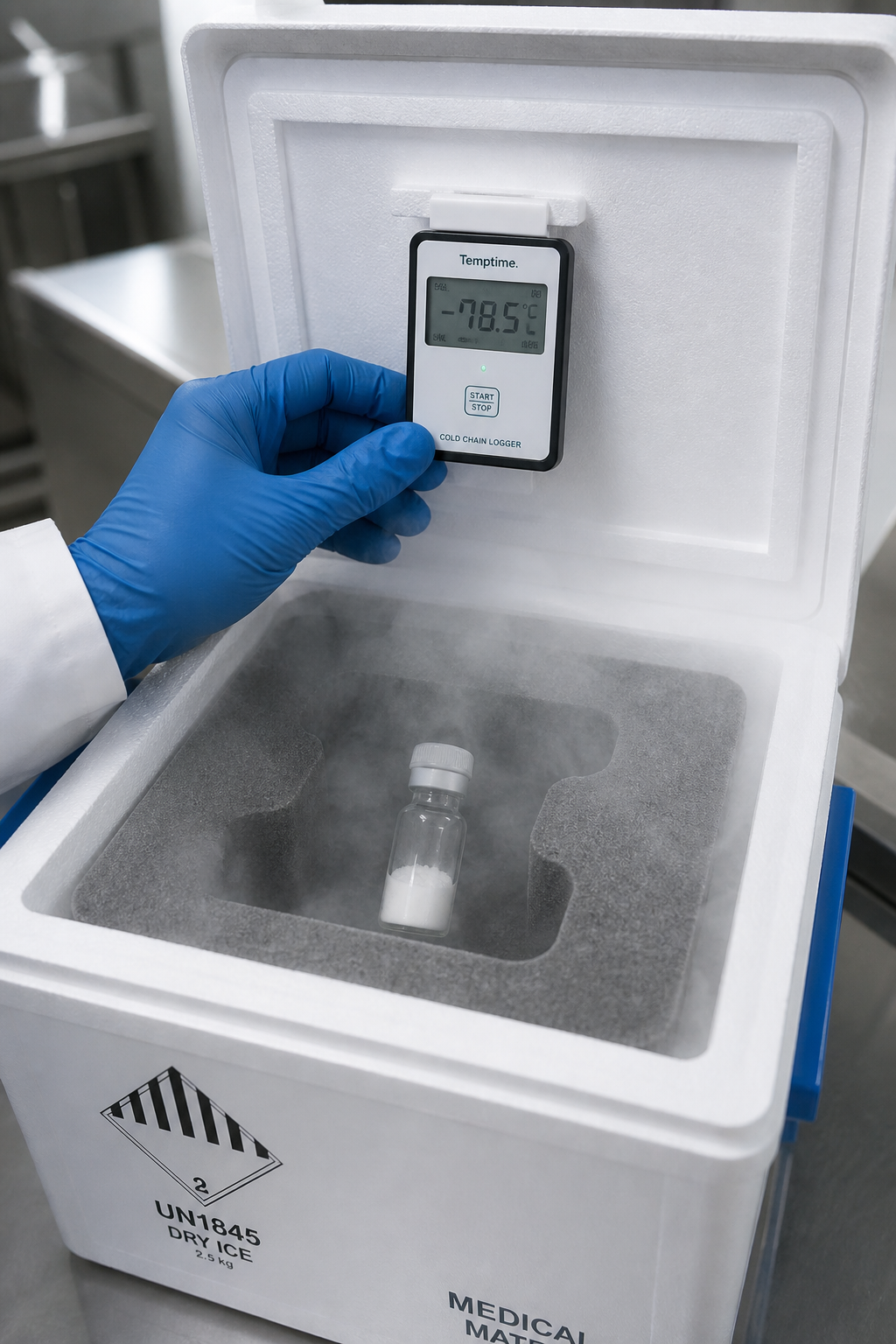 A photorealistic scene of a laboratory technician's gloved hands checking a digital cold-chain data logger attached to an insulated shipping container that has just been opened, with a lyophilized vial visible nestled in foam packaging inside.