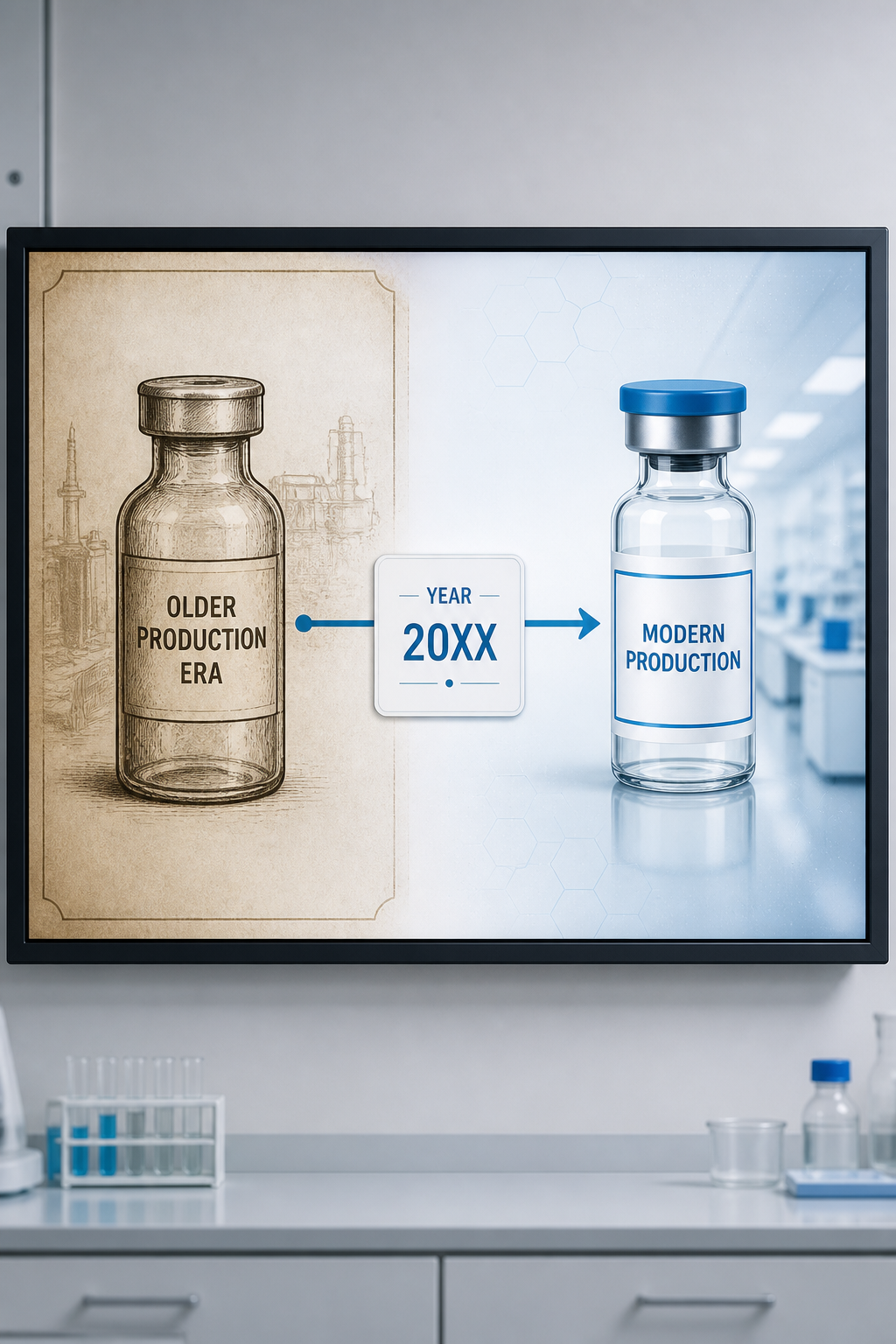 An illustrated editorial timeline graphic on a lab wall display: a faded, archival-style vial labeled "pituitary-derived, pre-1985" on the left connected by a timeline arrow to a modern, brightly lit recombinant vial labeled "recombinant, bacterial expression" on the right, with a small caption card reading "1985: production method changed permanently."