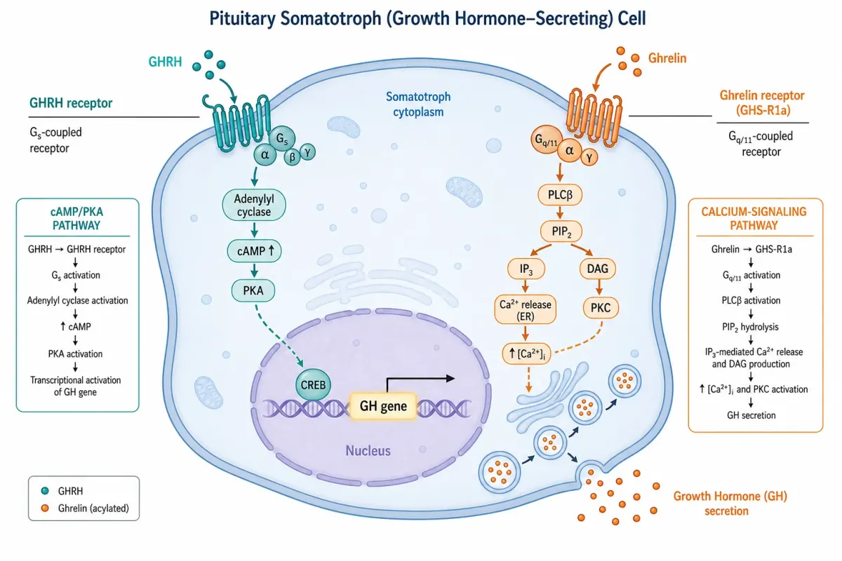 Illustrated diagram of a pituitary somatotroph cell showing the GHRH receptor cAMP/PKA pathway on one side and the ghrelin receptor GHS-R1a calcium-signaling pathway on the other