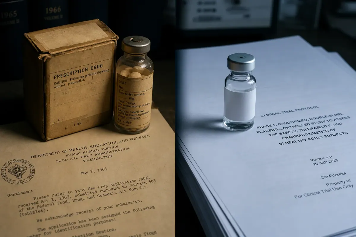 Split image contrasting an aged prescription drug carton and 1968-era FDA approval letter on one side with a modern unlabeled research vial resting on a clinical trial protocol on the other
