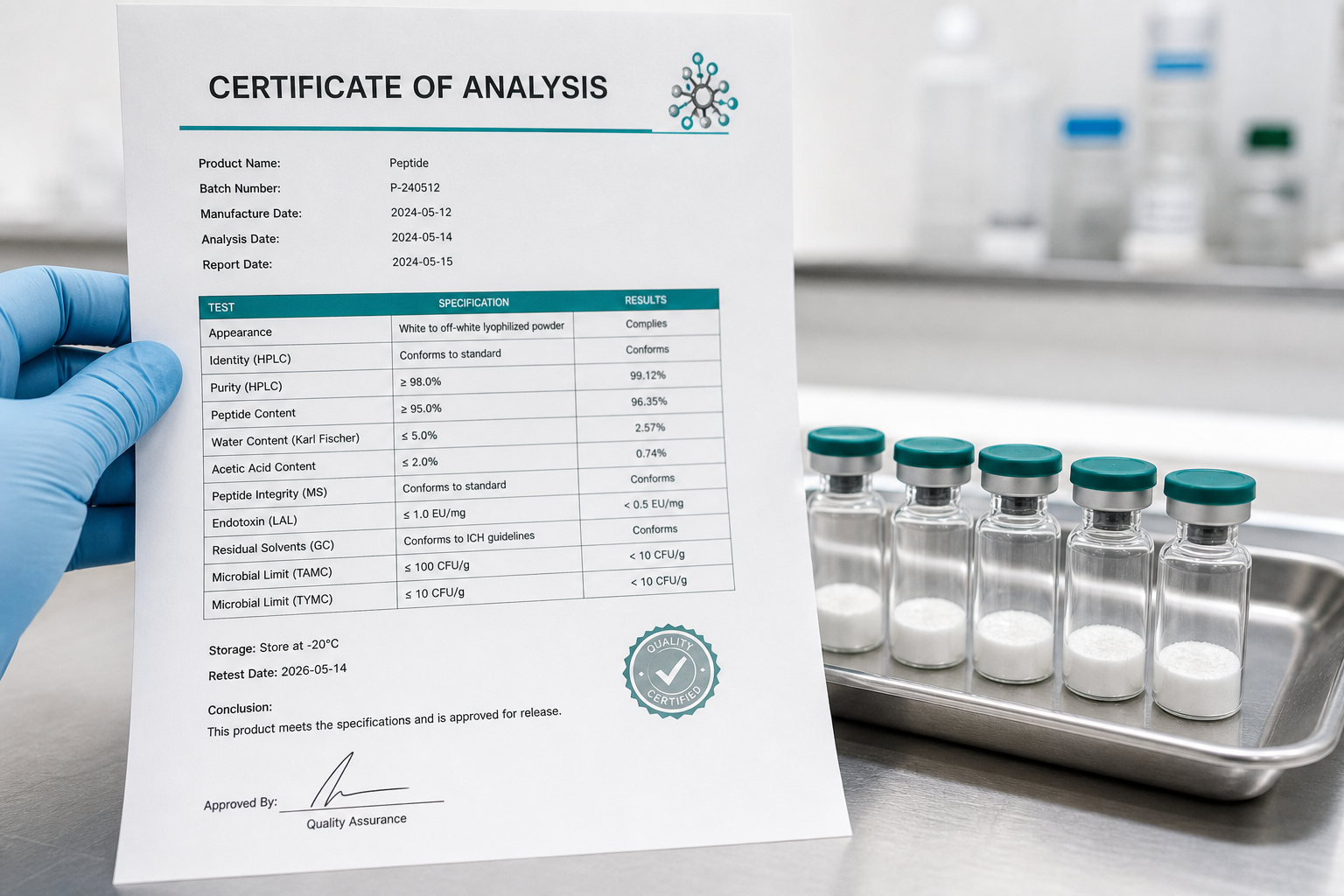 Stainless steel peptide synthesis equipment with labeled process vessels in a clean laboratory