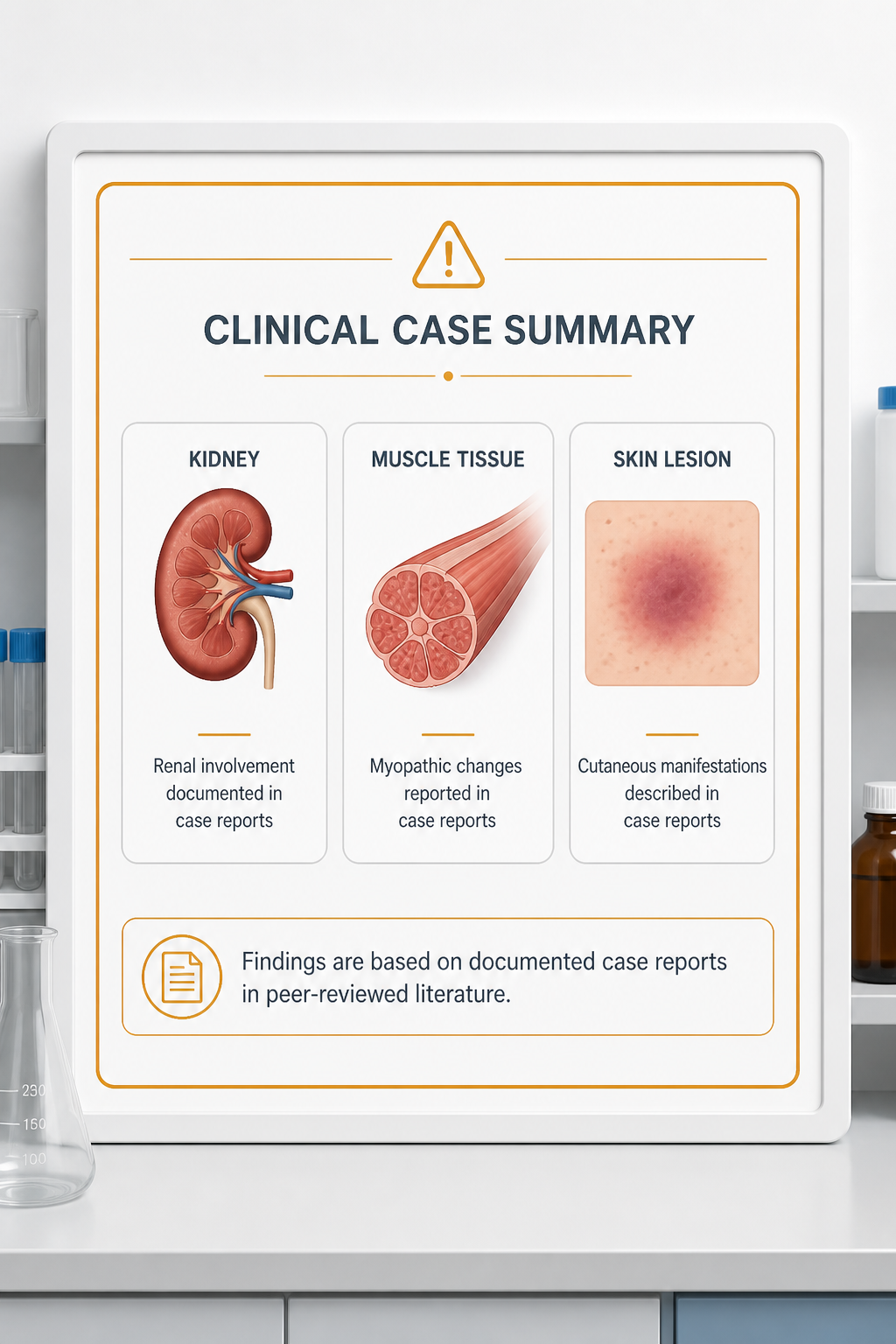 An illustrated clean editorial graphic styled as a clinical case-report summary card on a lab wall display, showing labeled icons for kidney, muscle tissue, and skin lesion alongside a small caption reading "documented case reports, peer-reviewed literature," with a subtle warning-yellow accent border.