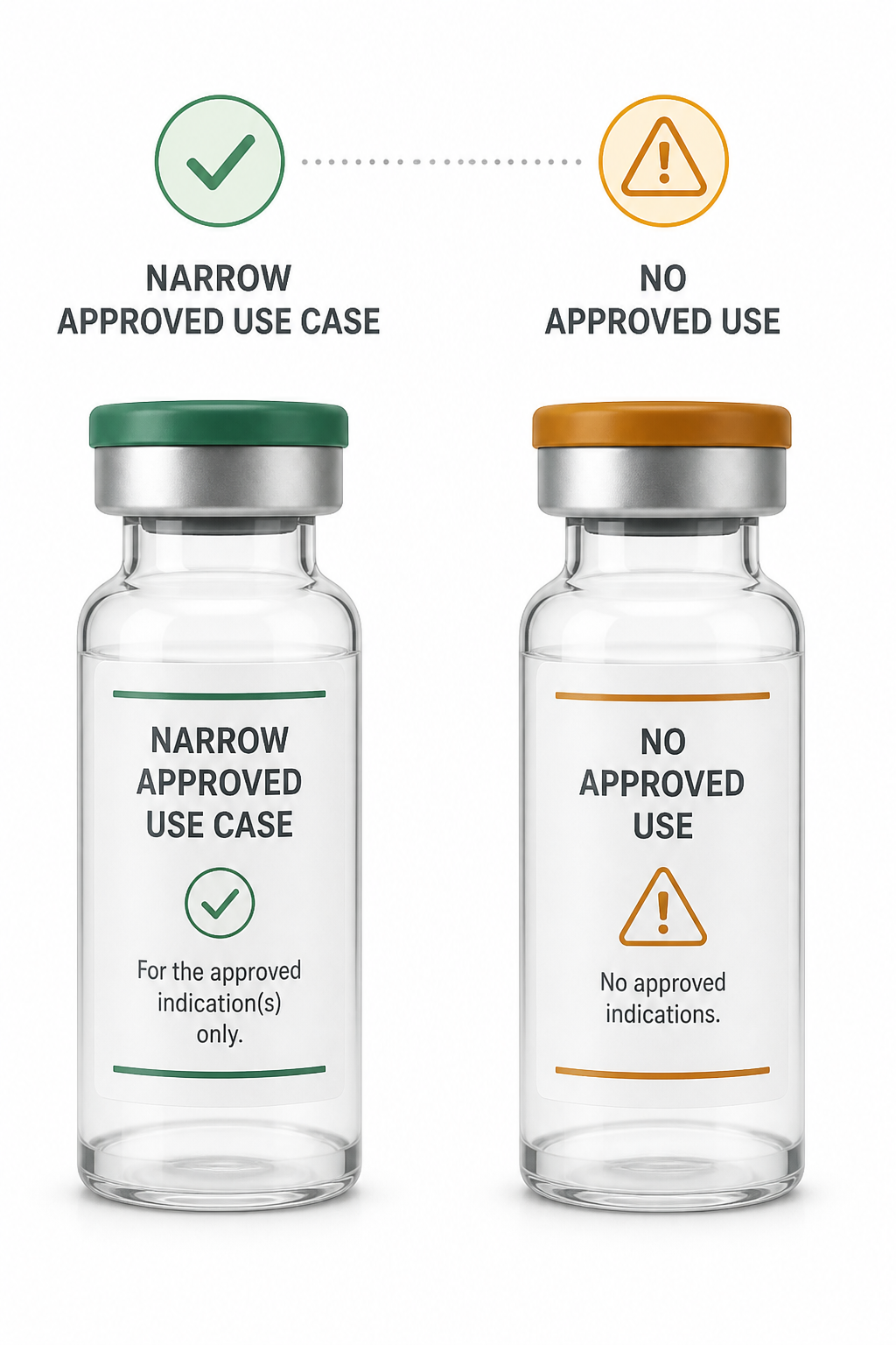 An illustrated clean split-panel graphic on a clinical white background showing two labeled research vials side by side: one tagged "approved indication, narrow use" with a small checkmark badge, the other tagged "no approved indication, any jurisdiction" with a small caution badge, connected by a dotted comparison line.