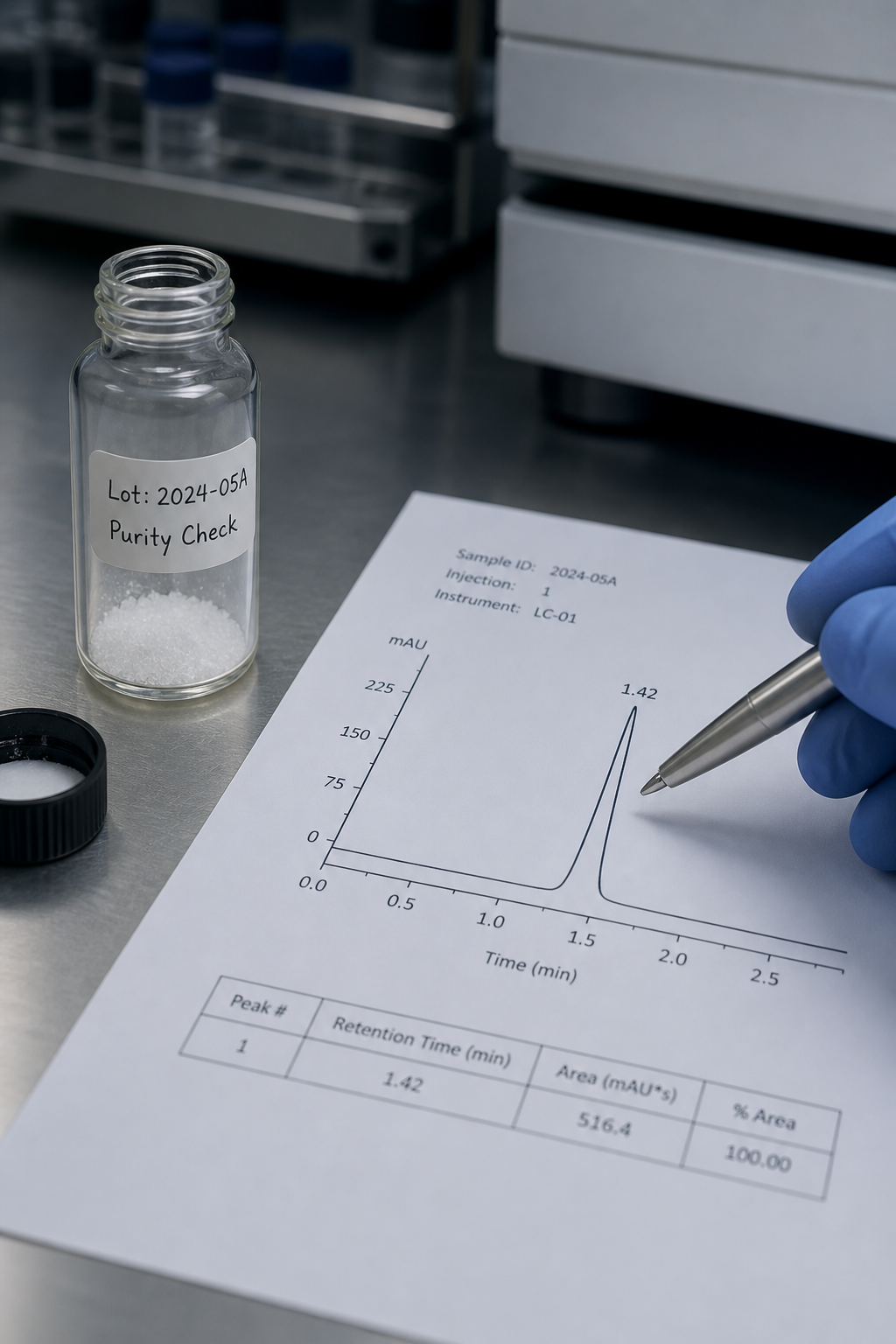 A photorealistic macro shot of a small white crystalline powder sample in an open glass research vial on a lab bench, positioned beside a printed HPLC chromatogram sheet with a single sharp labeled peak, a gloved hand pointing to the peak with a pen.