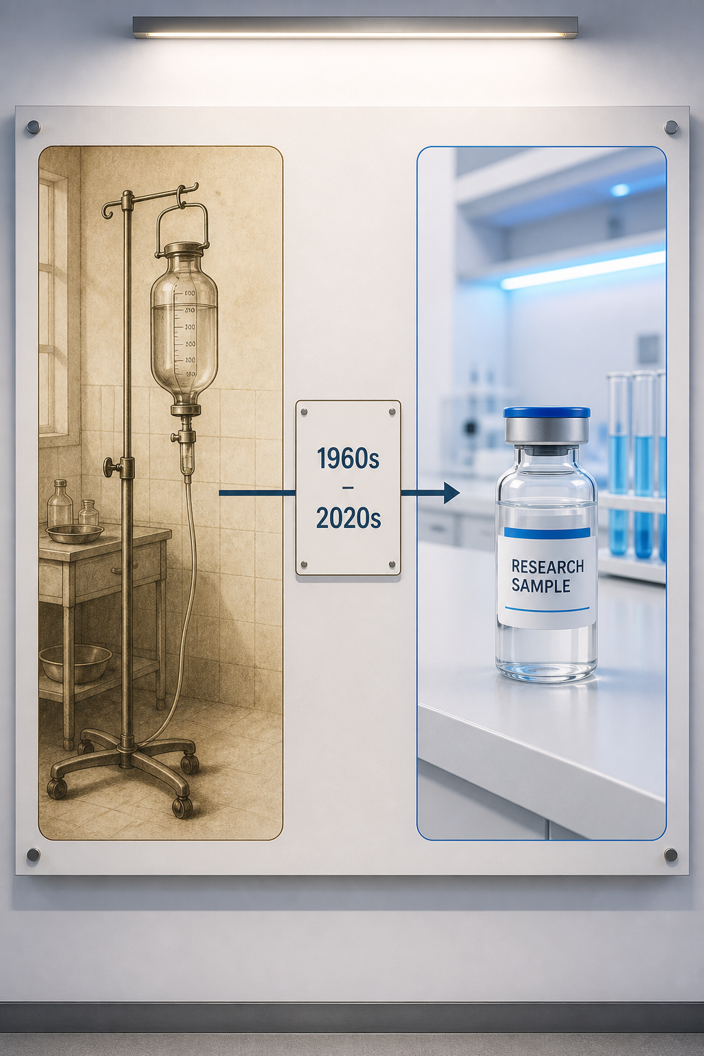 An illustrated editorial timeline card on a lab wall display showing a faded archival photograph style IV drip stand from a mid-20th-century clinical setting on the left, connected by a timeline arrow to a modern glass NAD+ research vial on a clean white lab bench on the right, with a small caption card reading a generic decade marker.