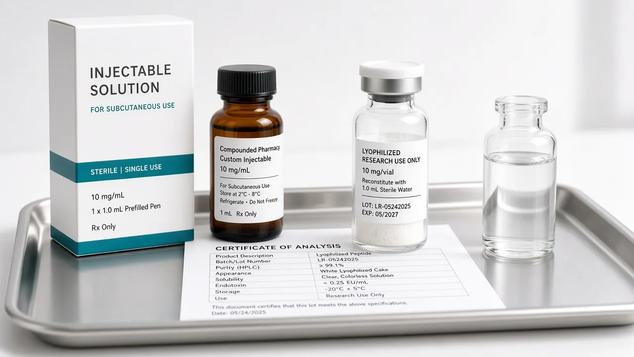 Four peptide product types that social media treats as one: approved pen, compounded vial, documented RUO vial, unlabeled vial