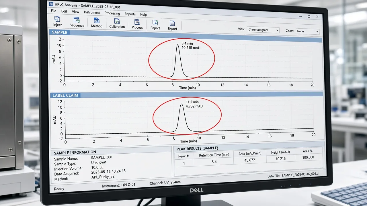 HPLC traces on a lab monitor where the labelled peptide and the detected peak do not match