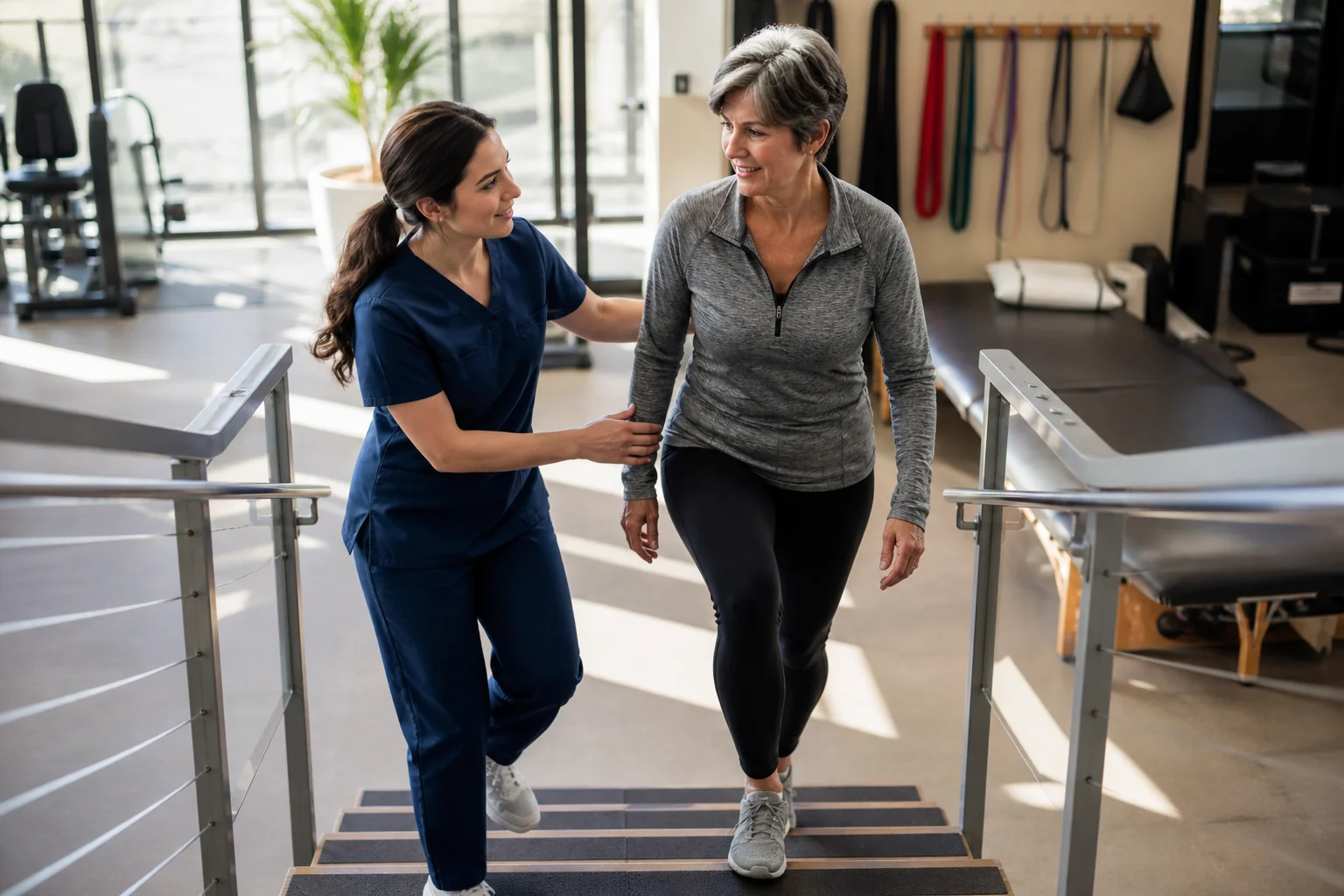Physical therapist helping a patient climb stairs during a retatrutide knee arthritis mobility session