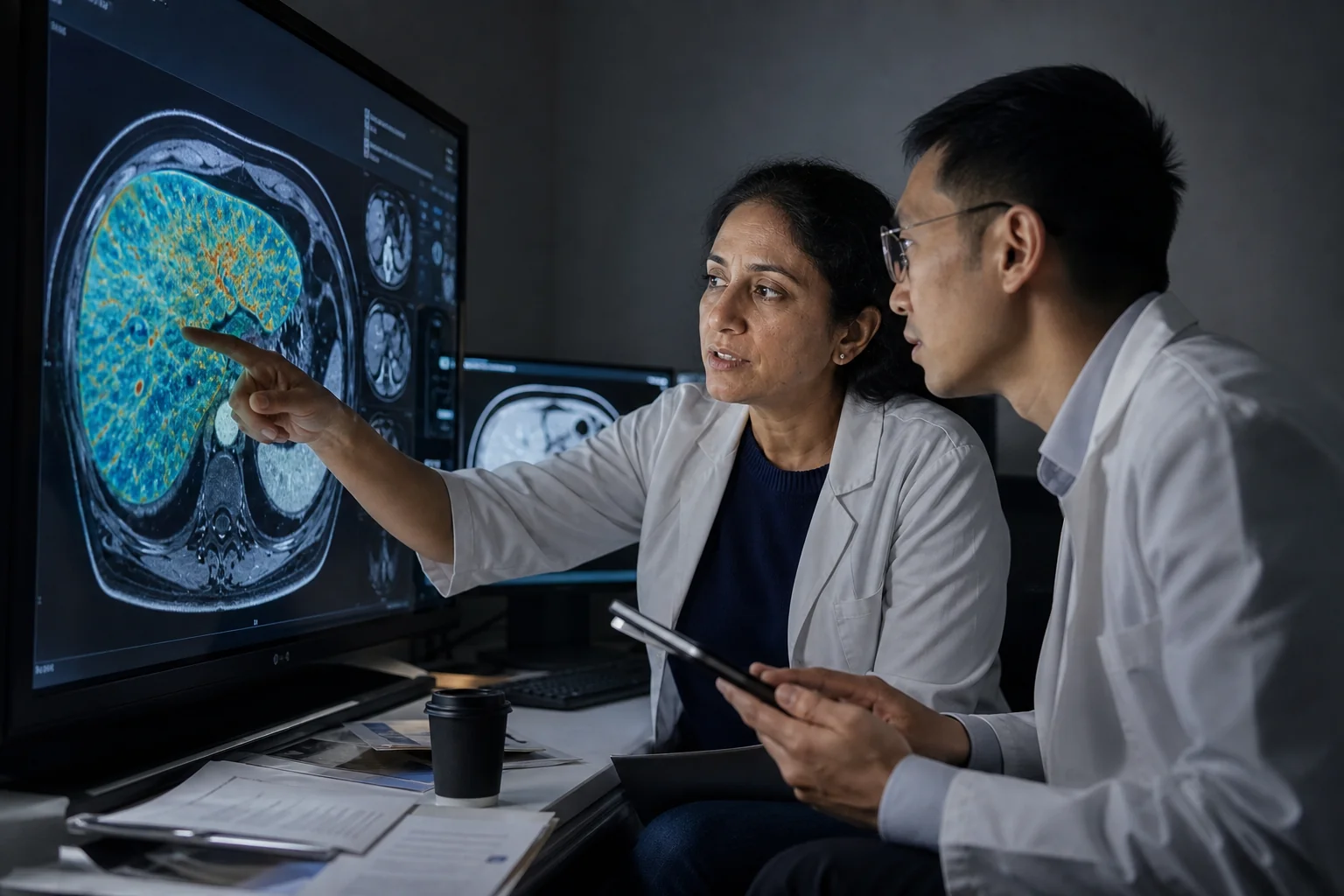 Researchers reviewing a liver MRI related to retatrutide fatty liver findings in a diagnostic reading room