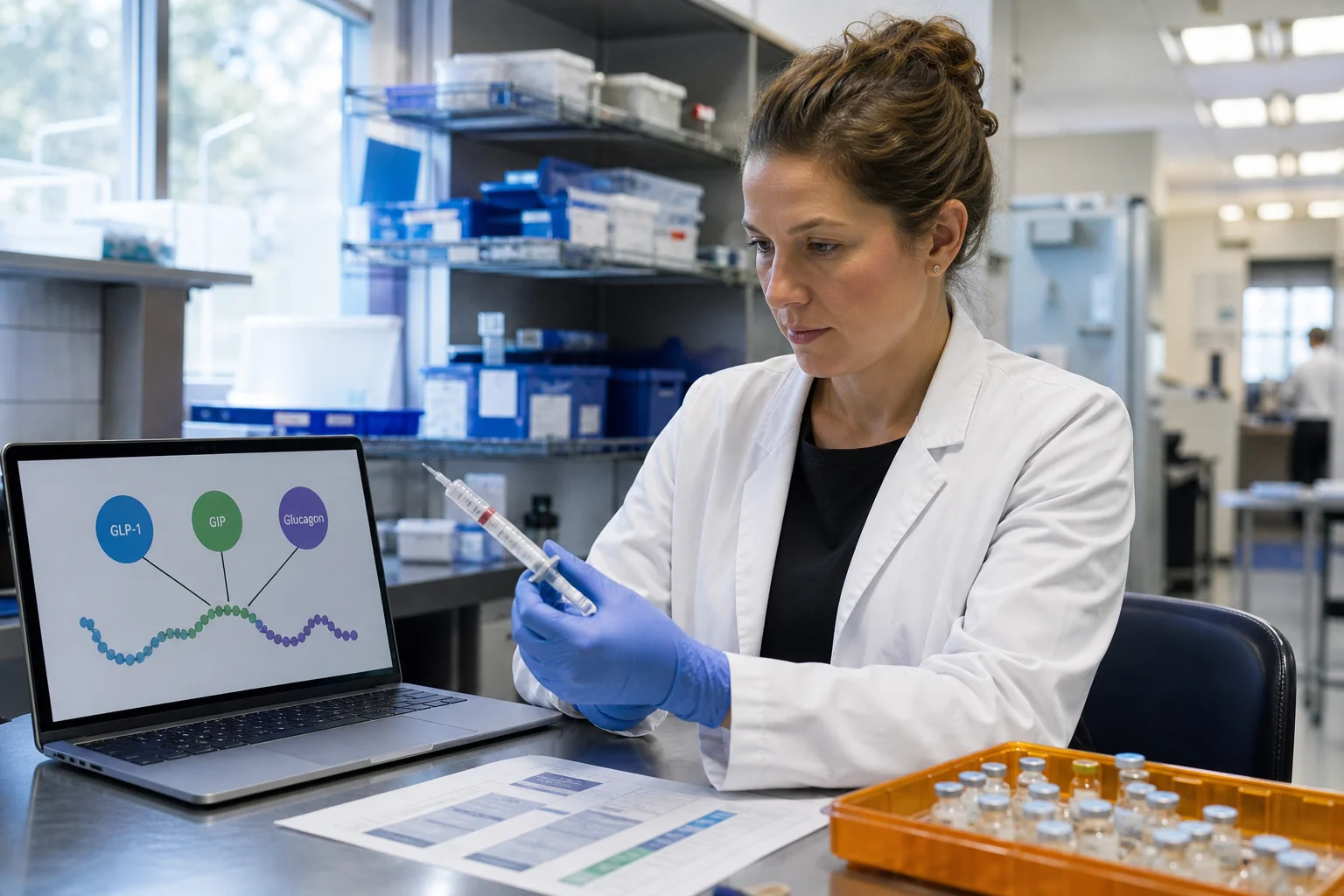 Clinical pharmacist preparing a weekly injection dose beside a three-receptor peptide mechanism diagram