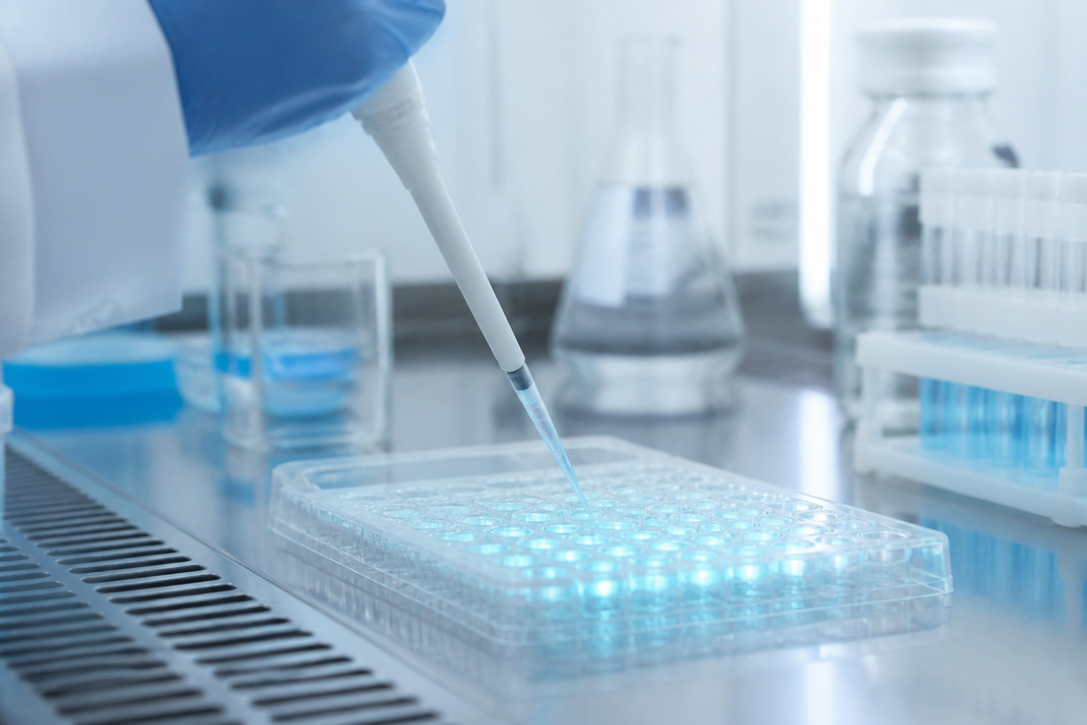 Molecular modeling workstation displaying the Selank TKPRPGP sequence beside a labeled peptide sample vial