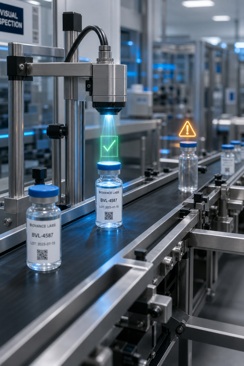 An illustrated scene of small labeled research vials moving along a conveyor belt through an inspection checkpoint, where a scanning arm reads a QR code on one vial and projects a green checkmark, while an unlabeled vial further back triggers an amber warning light.