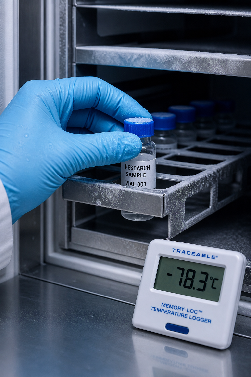 A photorealistic macro shot of a small glass semaglutide vial being placed into a chilled laboratory storage rack at -20°C, frost visible on the rack's edges, a digital temperature logger displaying a stable readout in the foreground.