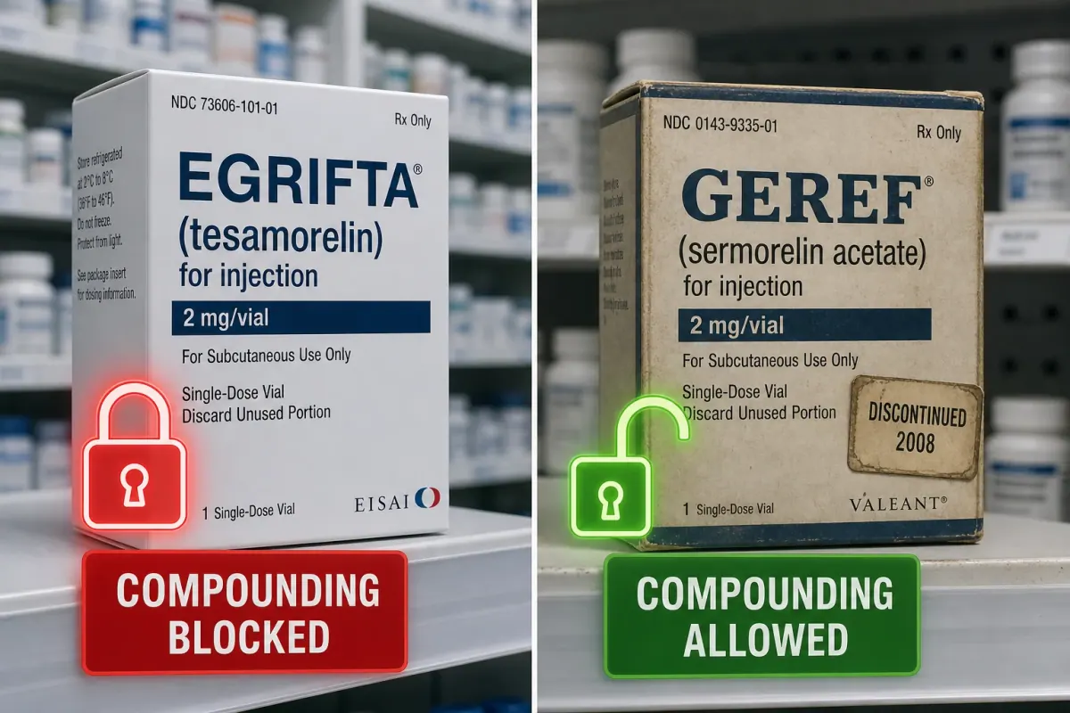 Split illustration: a modern approved drug carton labeled Egrifta with a red regulatory lock icon on one side, and an aged discontinued Geref carton with a green unlocked padlock on the other