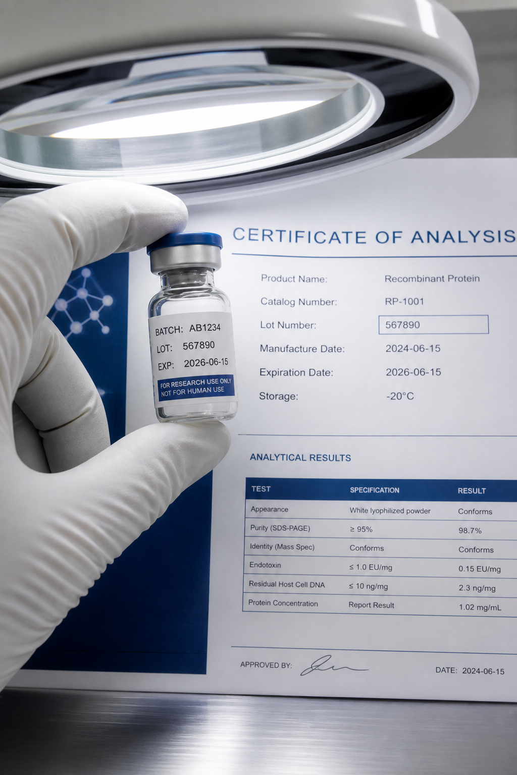 A macro, photorealistic close-up of a gloved hand aligning a vial's printed lot number against the matching lot number on a certificate of analysis under a lab magnifier lamp.