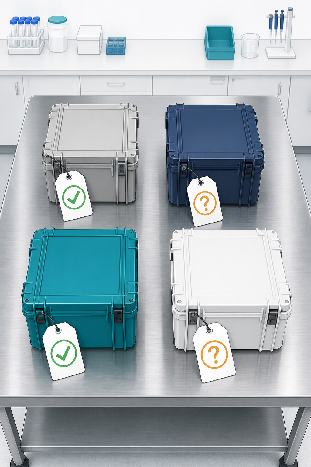 An illustrated overhead scene of four labeled shipping crates from different suppliers on a stainless steel bench, each crate tagged with an inspection card showing a checkmark or a question mark instead of product branding.