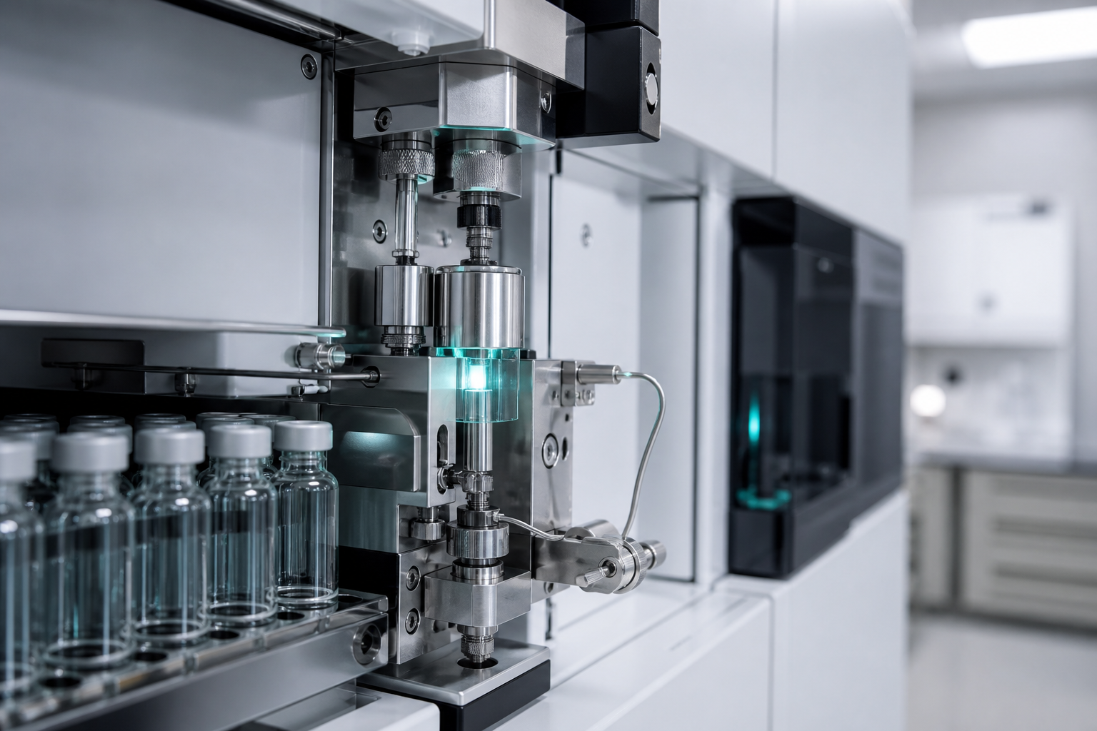 TUDCA and UDCA molecular models beside labeled glass vials on a white laboratory bench