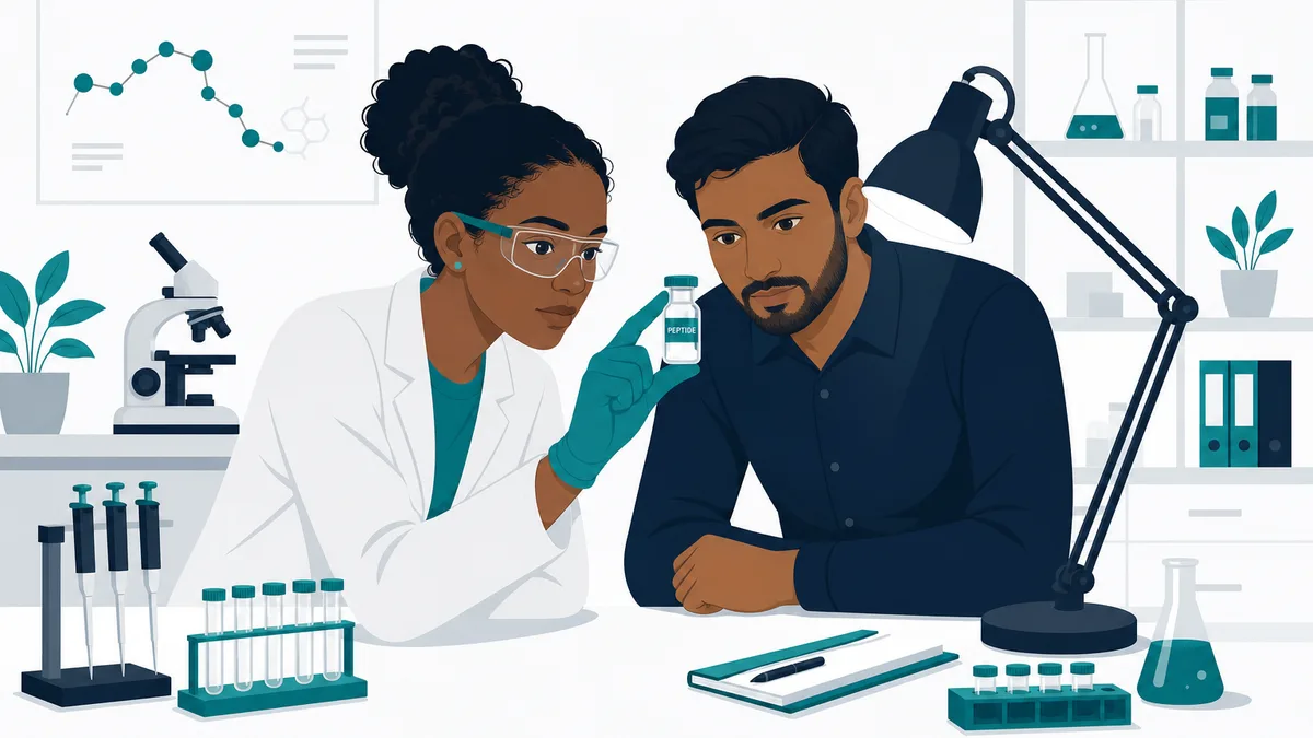 Two lab researchers examining a BPC-157 peptide vial together under a lab lamp