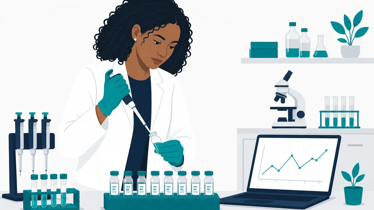 Female lab scientist using a micropipette to prepare a BPC-157 research vial