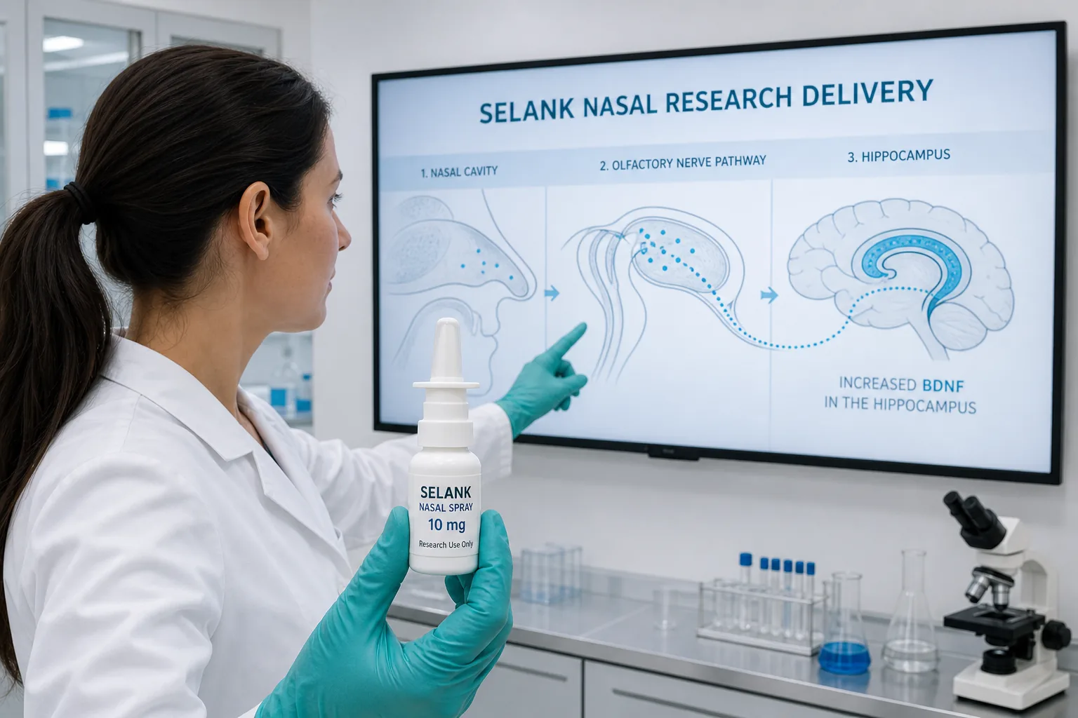 Scientist pointing to an intranasal research-delivery diagram of olfactory and hippocampal pathways beside a Selank nasal spray bottle