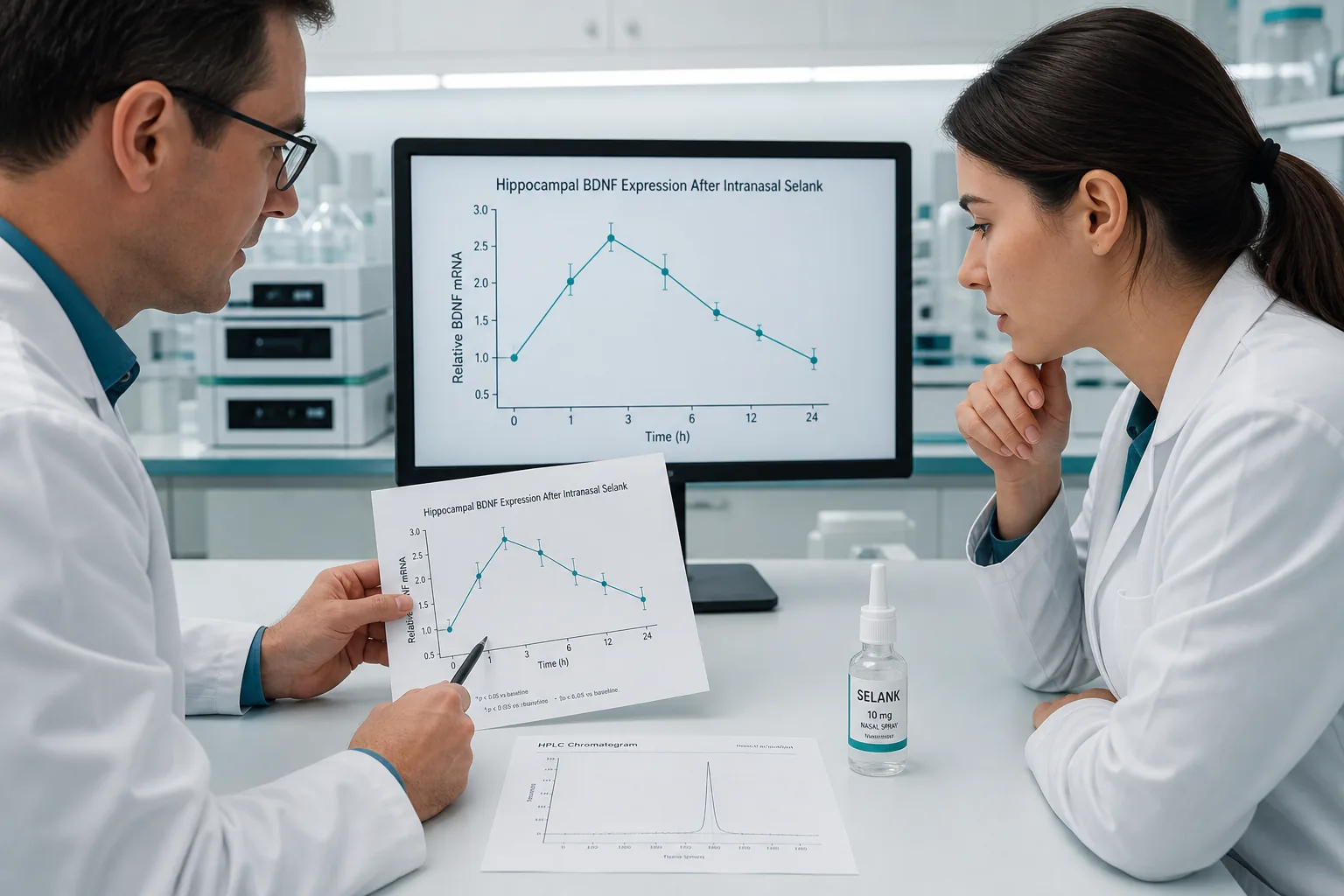 Two lab researchers reviewing a hippocampal BDNF expression chart from an intranasal Selank study beside the nasal spray bottle and an HPLC chromatogram
