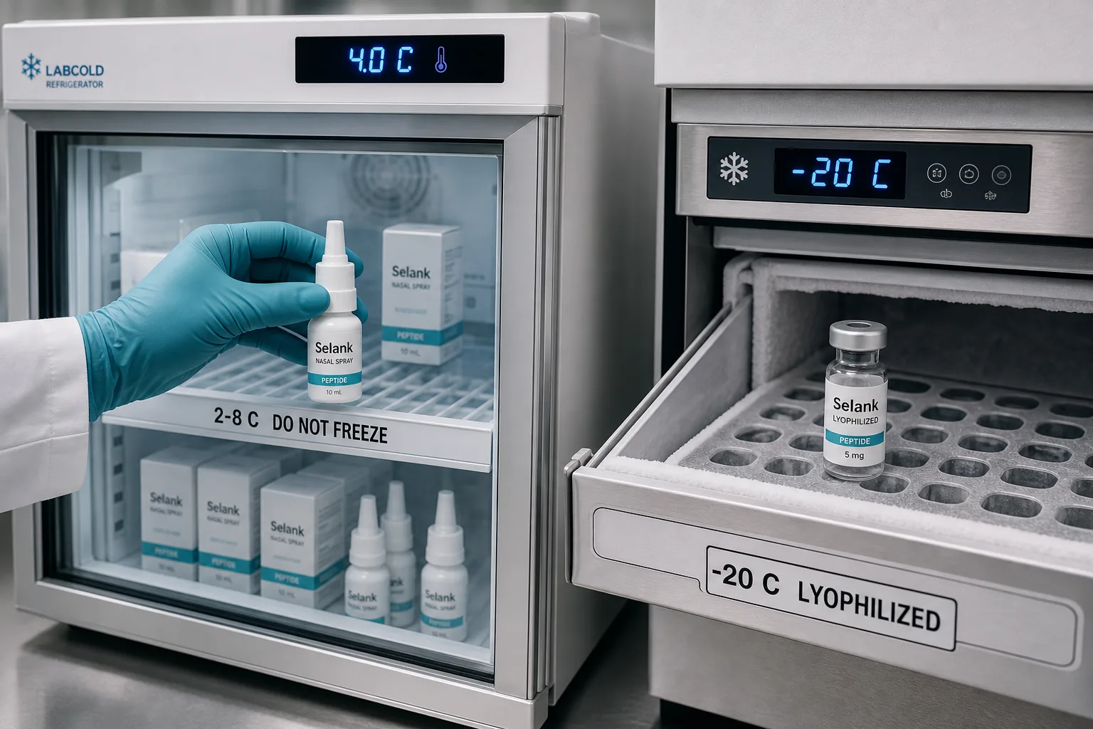 Gloved hand placing a Selank nasal spray bottle onto a 2-8 C refrigerator shelf beside a -20 C lyophilized Selank vial