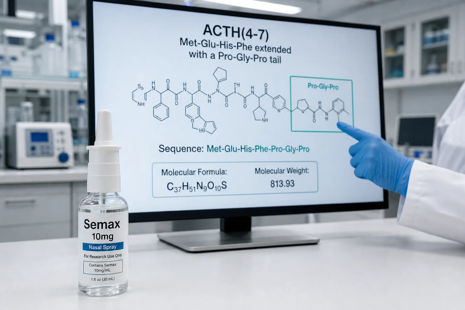 Scientist pointing to an ACTH(4-7)-PGP structure diagram of Met-Glu-His-Phe-Pro-Gly-Pro beside a Semax nasal spray bottle