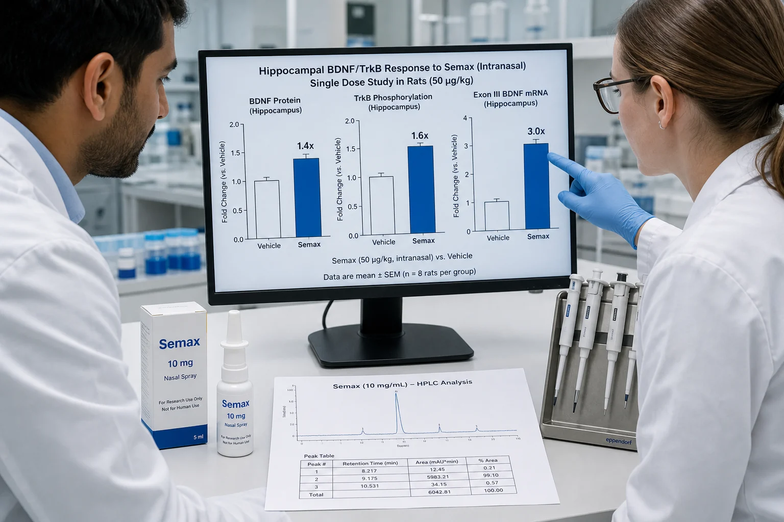 Two lab researchers reviewing a hippocampal BDNF/TrkB fold-change chart from a single-dose intranasal Semax rat study beside the nasal spray bottle