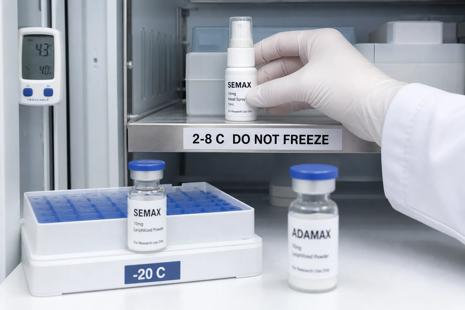 Gloved hand placing a Semax nasal spray bottle onto a 2-8 C refrigerator shelf beside a -20 C lyophilized Semax vial and an Adamax vial