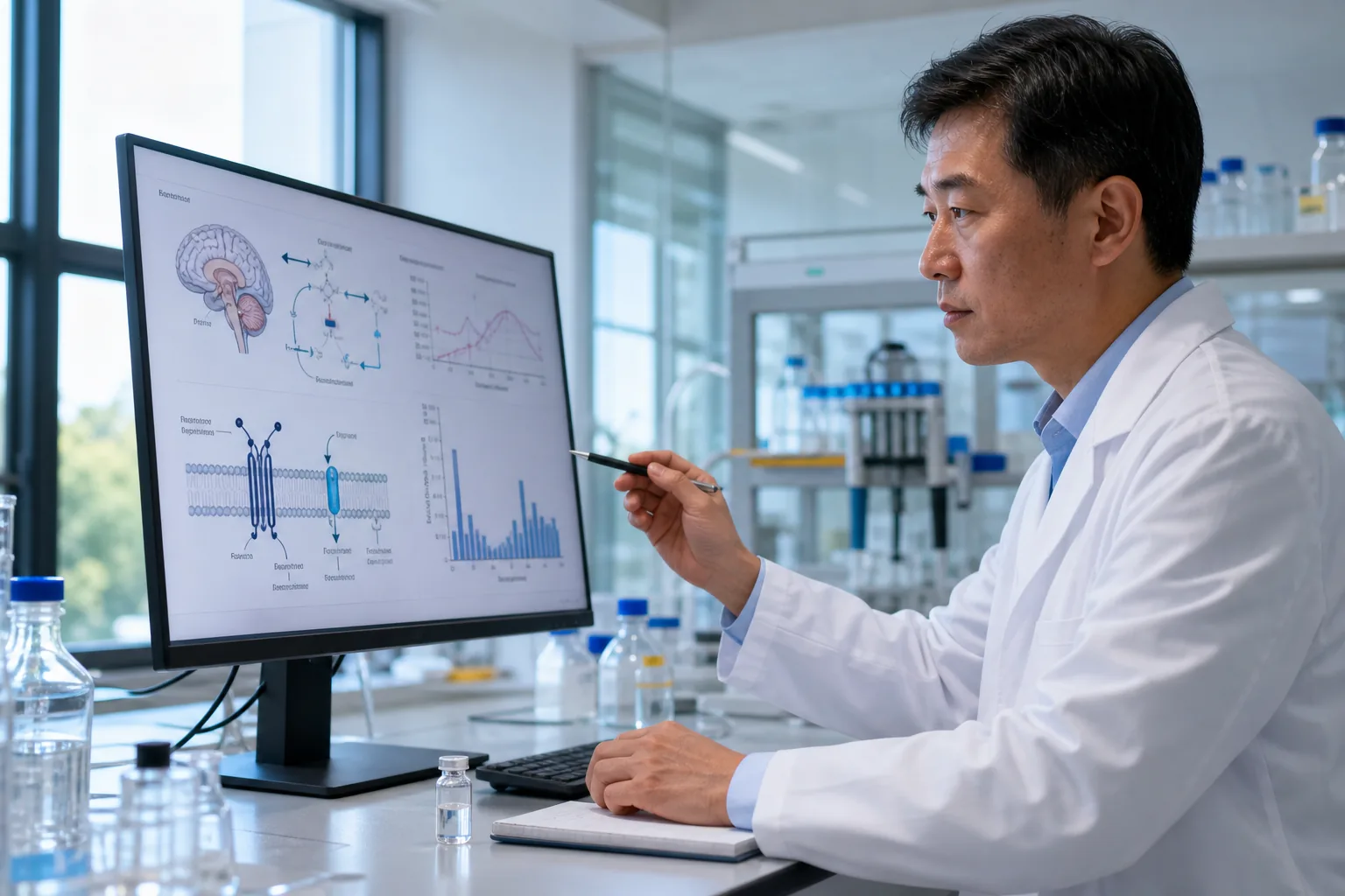 Research scientist reviewing growth hormone axis data beside a peptide research vial