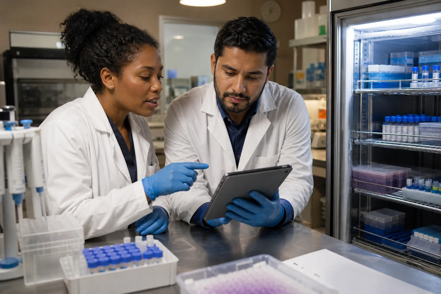 Two lab researchers collaborating on sermorelin assay protocols at a lab bench
