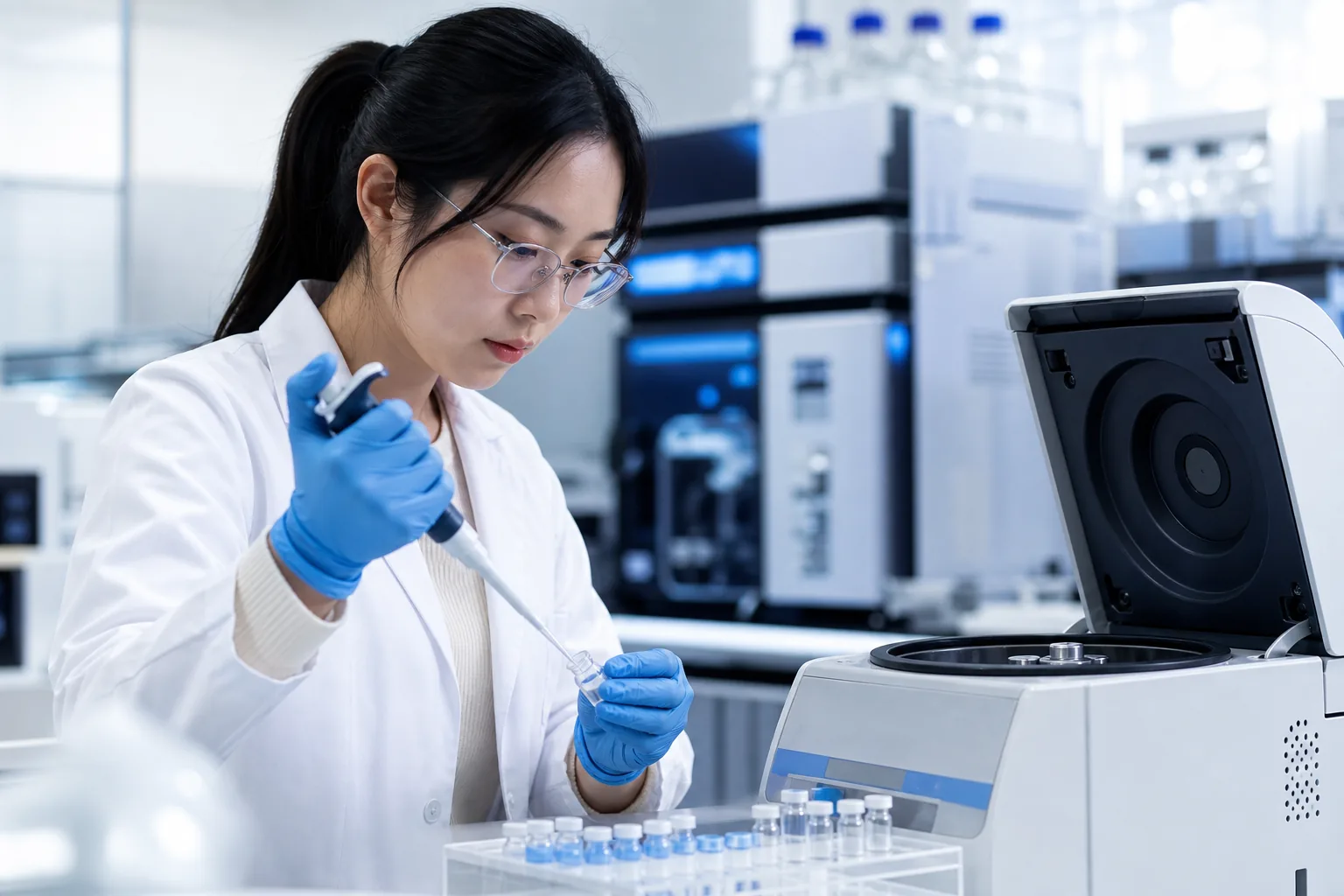 Scientist preparing a sermorelin research sample with an electronic micropipette
